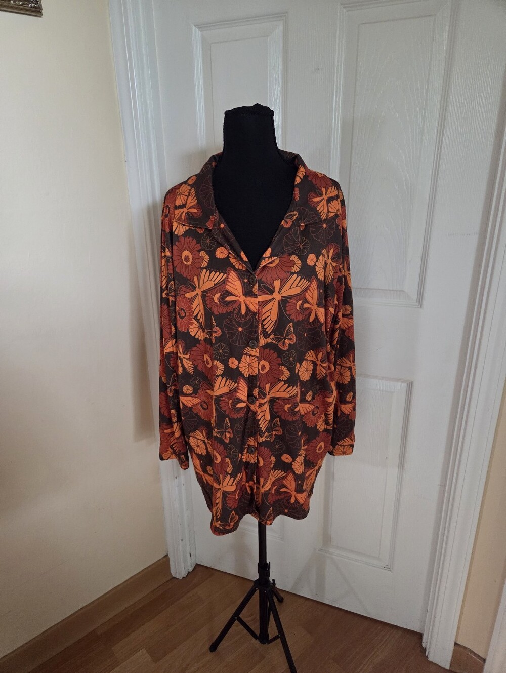 EARTHBOUND Brown and Orange Floral Butterfly Button-Down Shirt XXL Boho Hippie